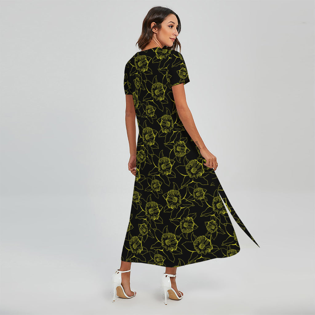 Black And Yellow Daffodil Pattern Print Short Sleeve Maxi Dress