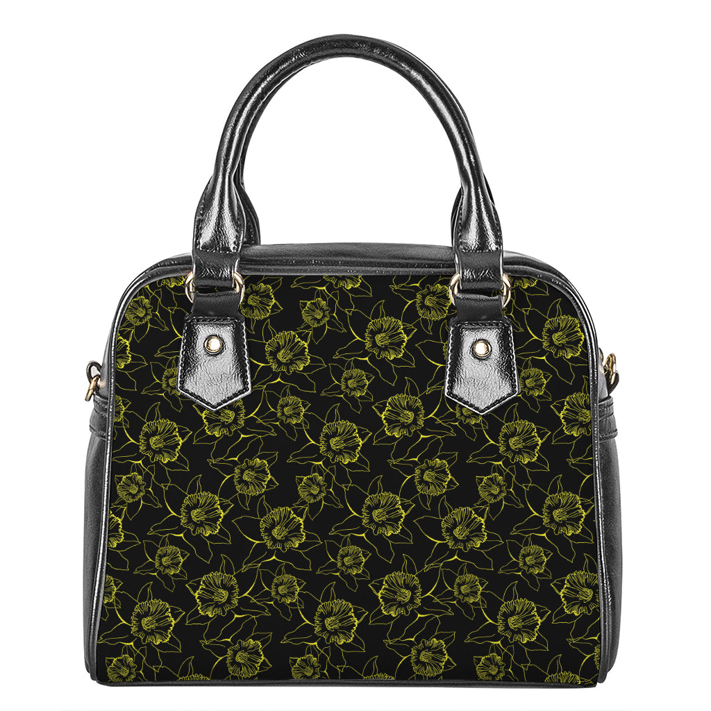Black And Yellow Daffodil Pattern Print Shoulder Handbag
