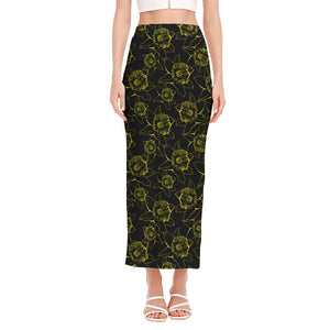 Black And Yellow Daffodil Pattern Print Side Slit Maxi Skirt