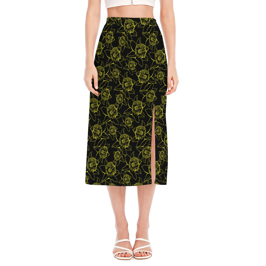 Black And Yellow Daffodil Pattern Print Side Slit Midi Skirt