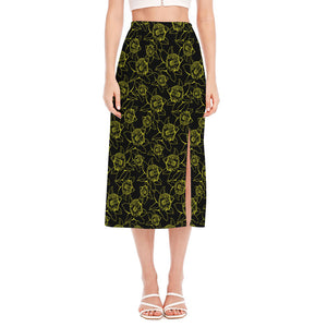 Black And Yellow Daffodil Pattern Print Side Slit Midi Skirt