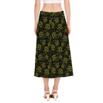 Black And Yellow Daffodil Pattern Print Side Slit Midi Skirt