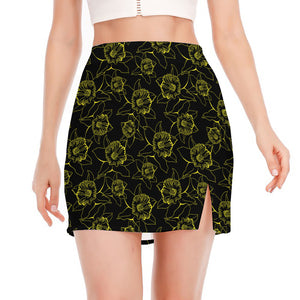 Black And Yellow Daffodil Pattern Print Side Slit Mini Skirt