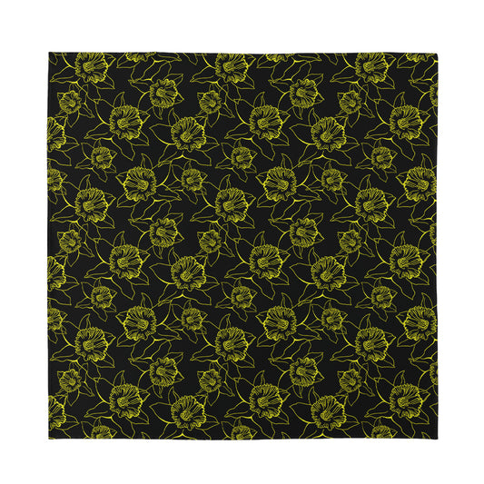 Black And Yellow Daffodil Pattern Print Silk Bandana