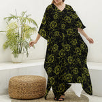 Black And Yellow Daffodil Pattern Print Silk V-Neck Kaftan Dress