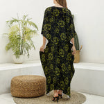 Black And Yellow Daffodil Pattern Print Silk V-Neck Kaftan Dress