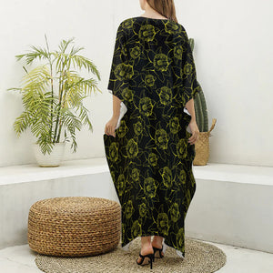 Black And Yellow Daffodil Pattern Print Silk V-Neck Kaftan Dress