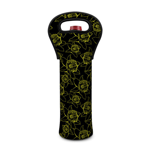 Black And Yellow Daffodil Pattern Print Single Neoprene Wine Tote