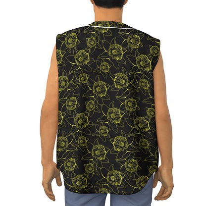 Black And Yellow Daffodil Pattern Print Sleeveless Baseball Jersey