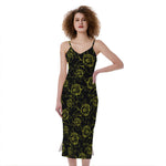 Black And Yellow Daffodil Pattern Print Slim Fit Midi Cami Dress