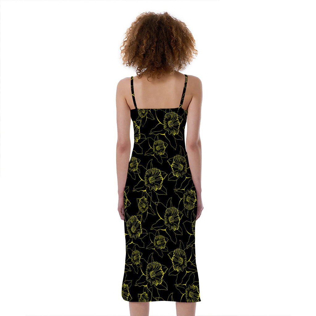 Black And Yellow Daffodil Pattern Print Slim Fit Midi Cami Dress