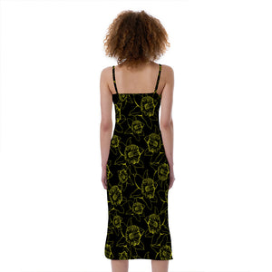 Black And Yellow Daffodil Pattern Print Slim Fit Midi Cami Dress