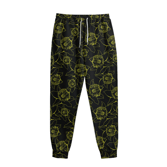 Black And Yellow Daffodil Pattern Print Sweatpants