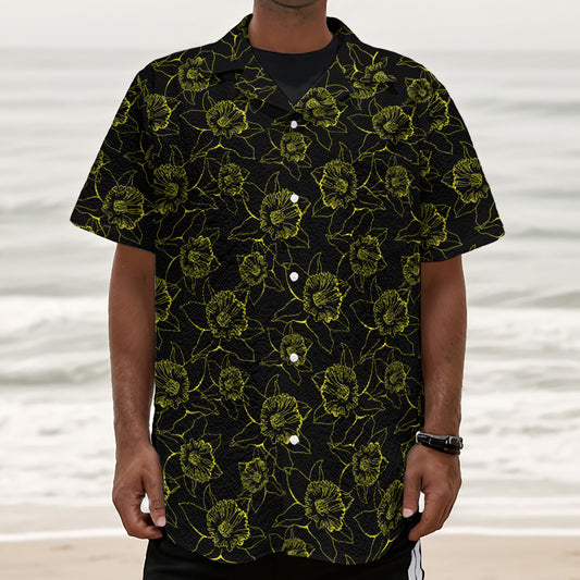 Black And Yellow Daffodil Pattern Print Textured Short Sleeve Shirt