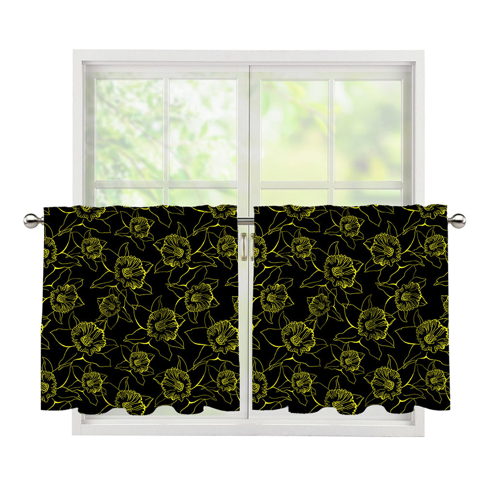 Black And Yellow Daffodil Pattern Print Tier Curtains