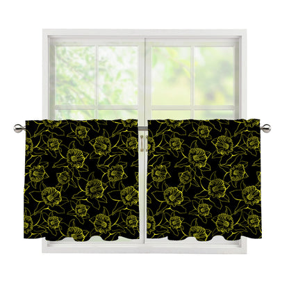 Black And Yellow Daffodil Pattern Print Tier Curtains