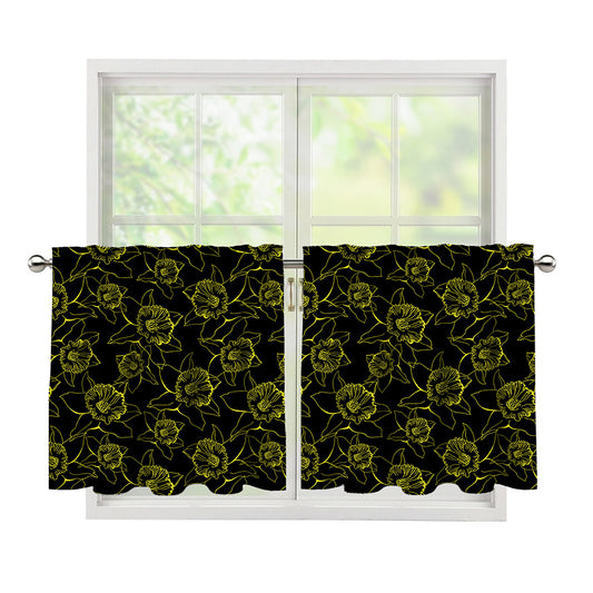 Black And Yellow Daffodil Pattern Print Tier Curtains
