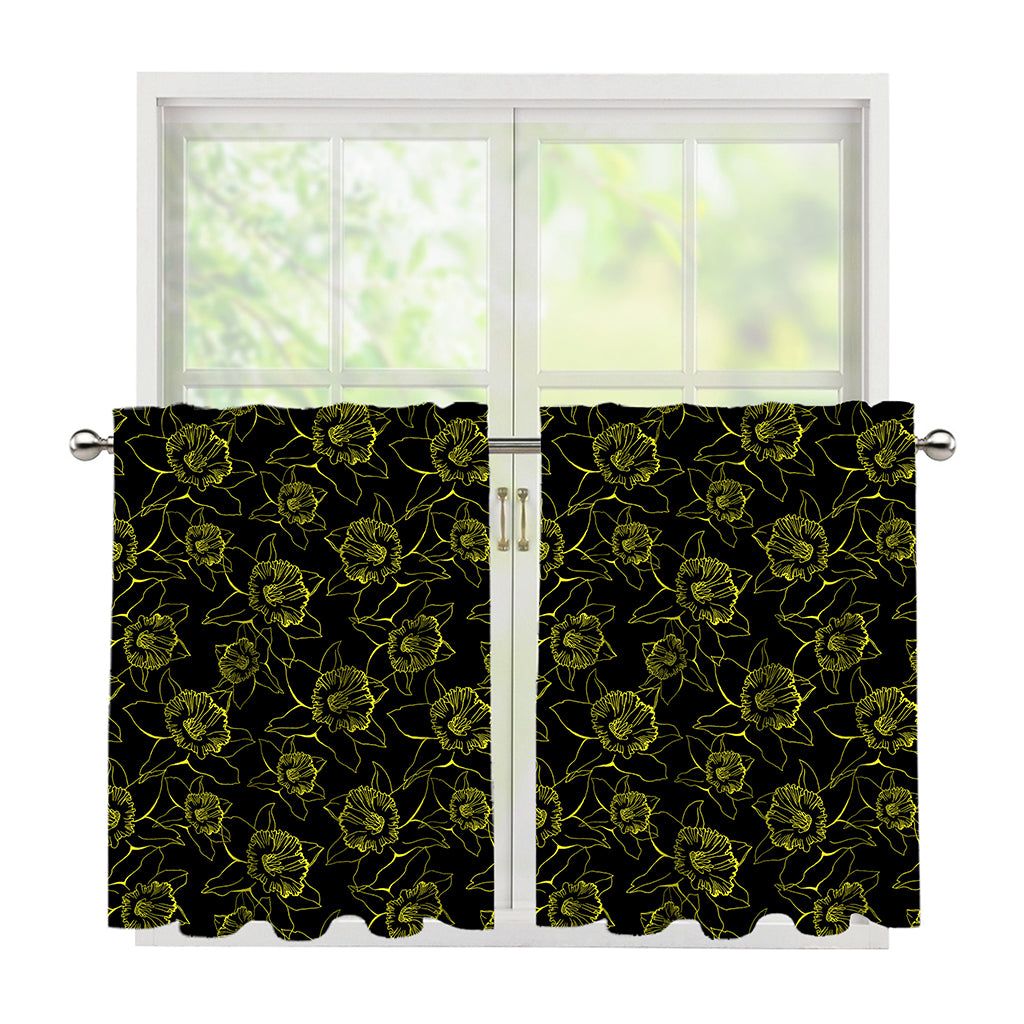 Black And Yellow Daffodil Pattern Print Tier Curtains