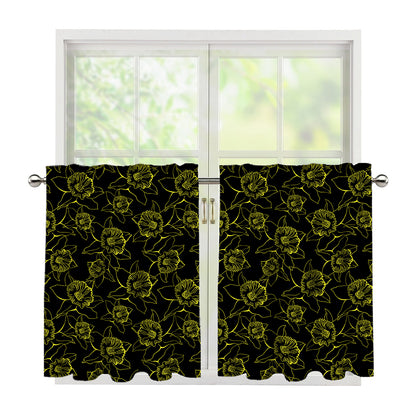 Black And Yellow Daffodil Pattern Print Tier Curtains