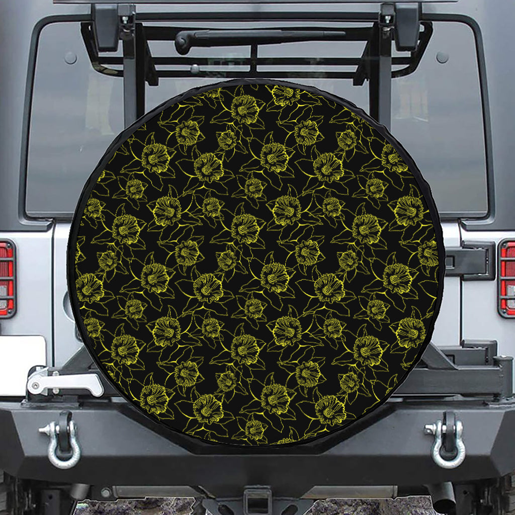 Black And Yellow Daffodil Pattern Print Tire Cover