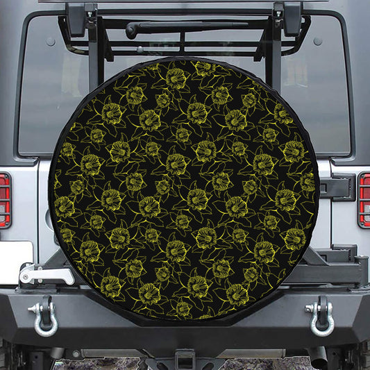 Black And Yellow Daffodil Pattern Print Tire Cover