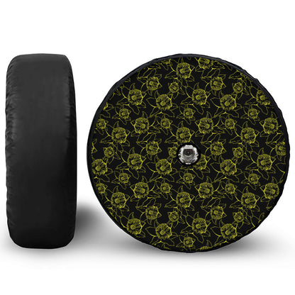 Black And Yellow Daffodil Pattern Print Tire Cover With Camera Hole