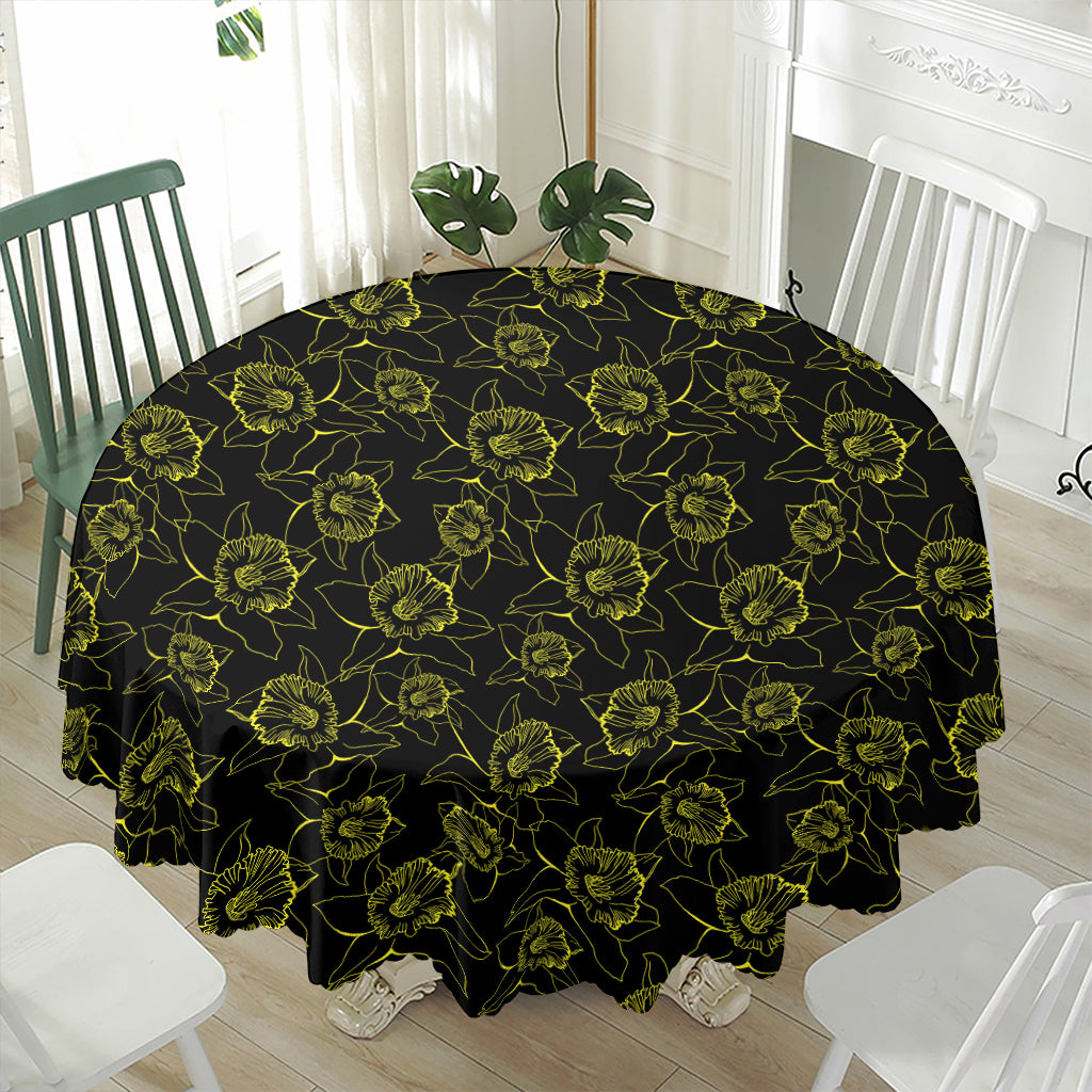 Black And Yellow Daffodil Pattern Print Waterproof Round Tablecloth
