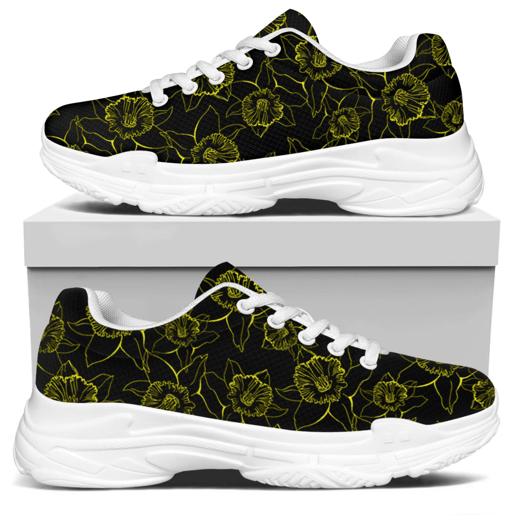Black And Yellow Daffodil Pattern Print White Chunky Shoes