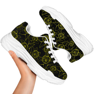 Black And Yellow Daffodil Pattern Print White Chunky Shoes