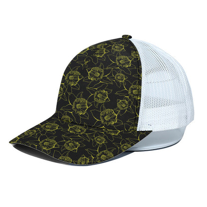 Black And Yellow Daffodil Pattern Print White Mesh Trucker Cap