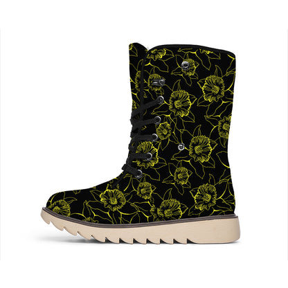 Black And Yellow Daffodil Pattern Print Winter Boots