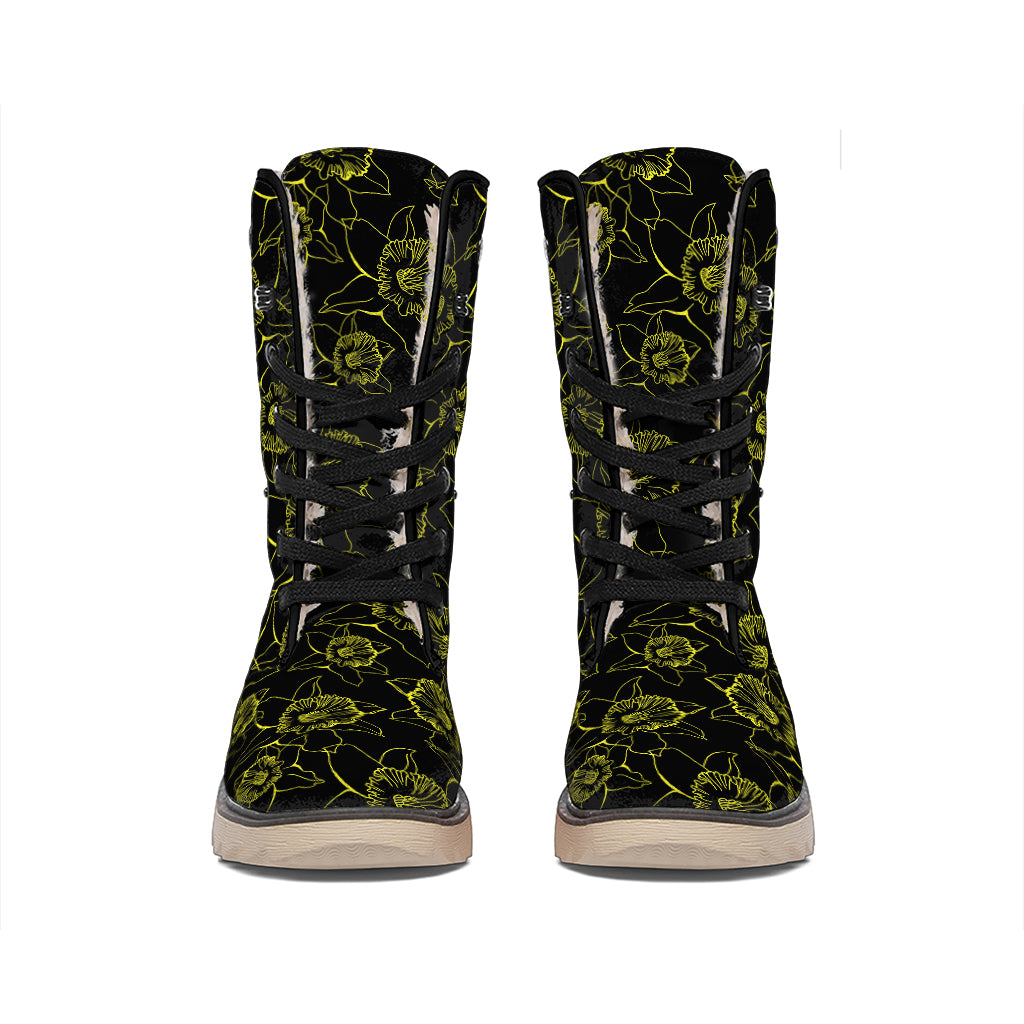 Black And Yellow Daffodil Pattern Print Winter Boots