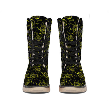 Black And Yellow Daffodil Pattern Print Winter Boots
