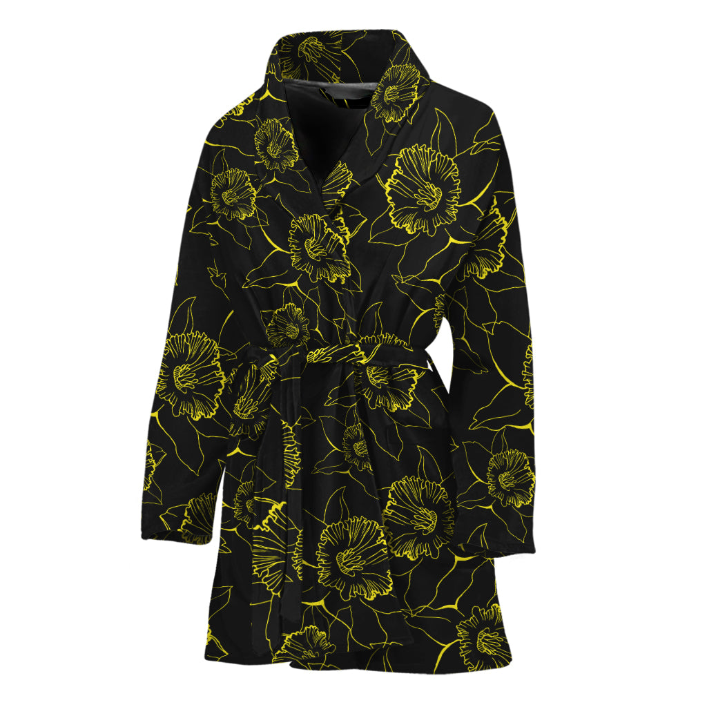 Black And Yellow Daffodil Pattern Print Women's Bathrobe