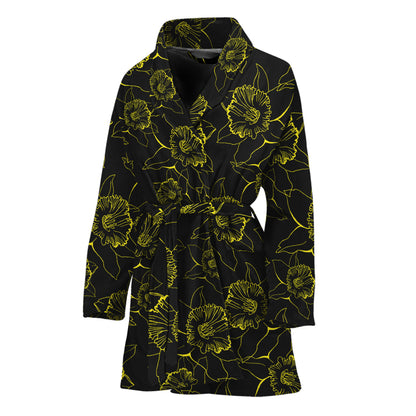 Black And Yellow Daffodil Pattern Print Women's Bathrobe