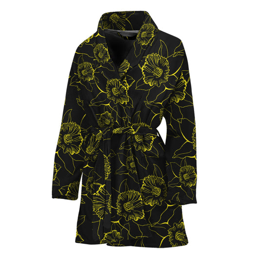 Black And Yellow Daffodil Pattern Print Women's Bathrobe