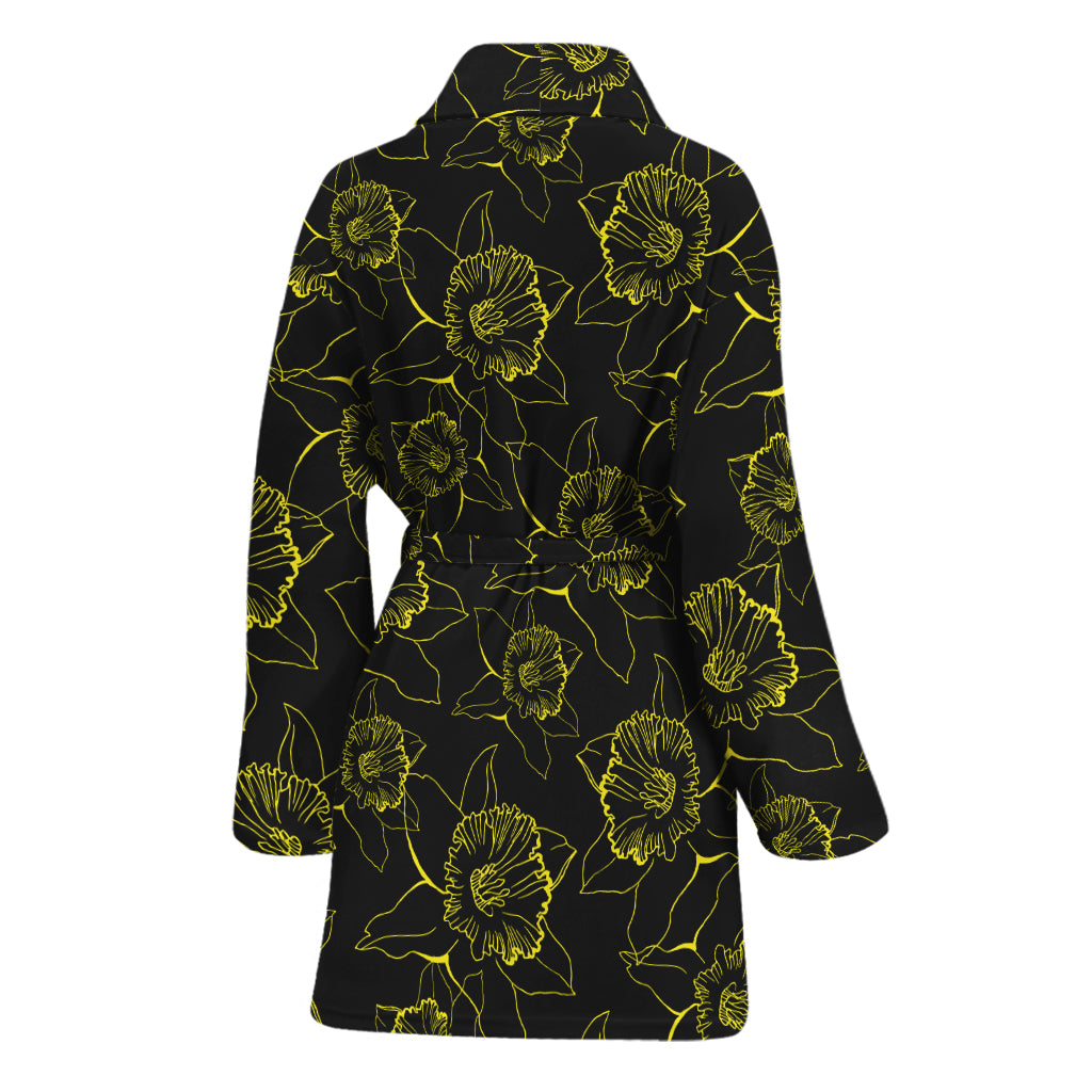 Black And Yellow Daffodil Pattern Print Women's Bathrobe