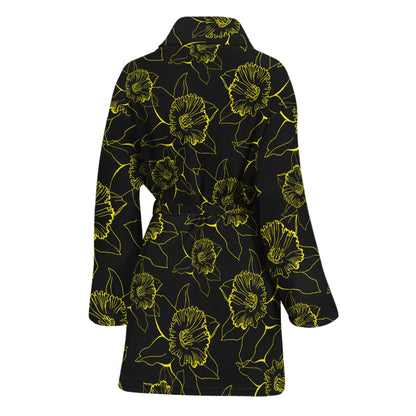 Black And Yellow Daffodil Pattern Print Women's Bathrobe