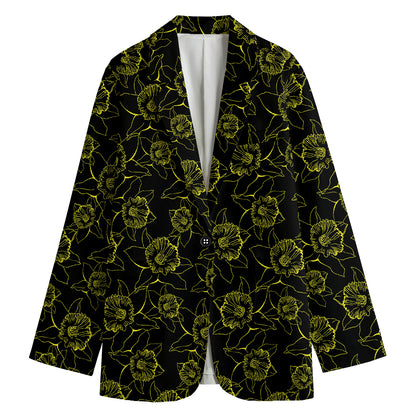 Black And Yellow Daffodil Pattern Print Women's Blazer