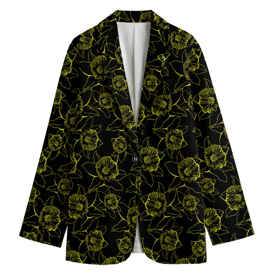 Black And Yellow Daffodil Pattern Print Women's Blazer