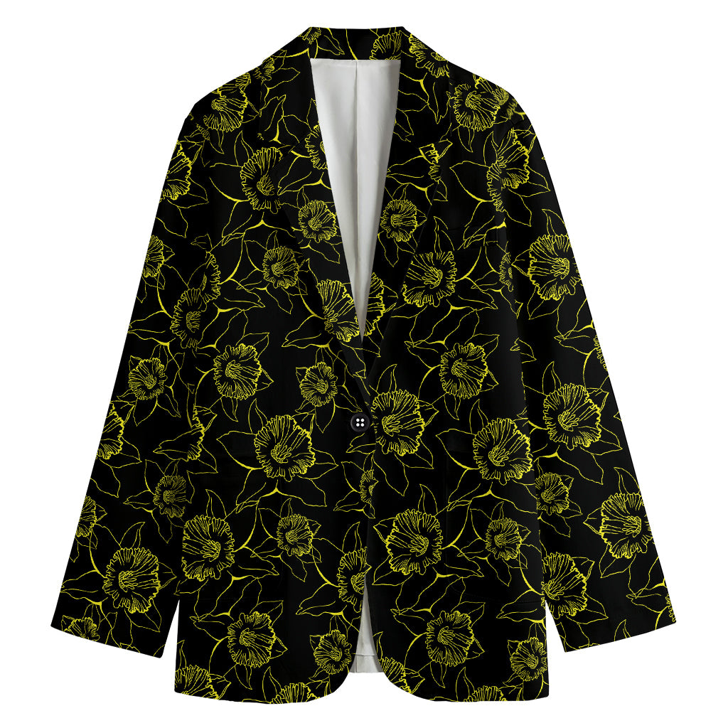 Black And Yellow Daffodil Pattern Print Women's Blazer