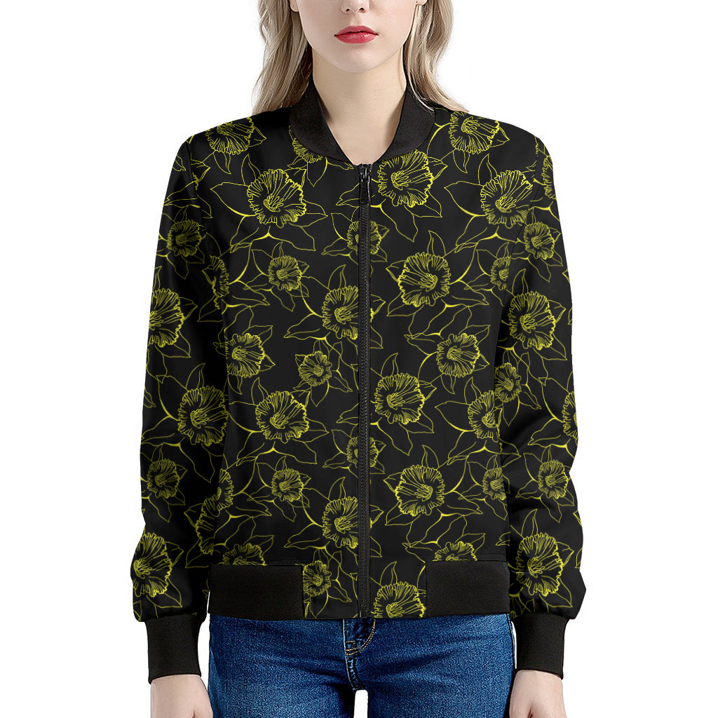 Black And Yellow Daffodil Pattern Print Women's Bomber Jacket