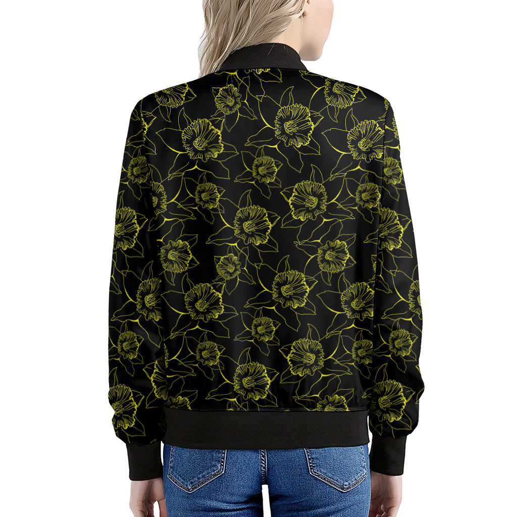 Black And Yellow Daffodil Pattern Print Women's Bomber Jacket