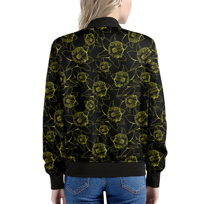 Black And Yellow Daffodil Pattern Print Women's Bomber Jacket