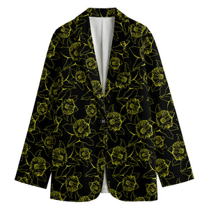 Black And Yellow Daffodil Pattern Print Women's Cotton Blazer