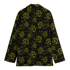 Black And Yellow Daffodil Pattern Print Women's Cotton Blazer