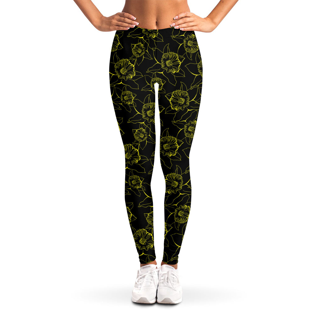 Black And Yellow Daffodil Pattern Print Women's Leggings