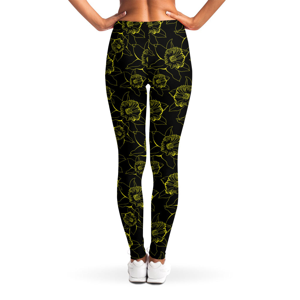 Black And Yellow Daffodil Pattern Print Women's Leggings