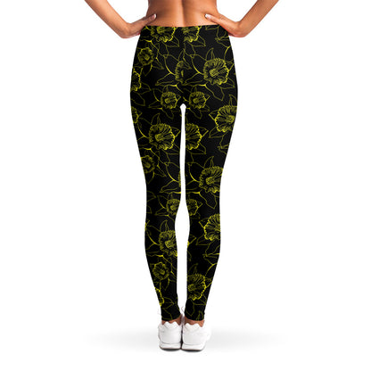 Black And Yellow Daffodil Pattern Print Women's Leggings