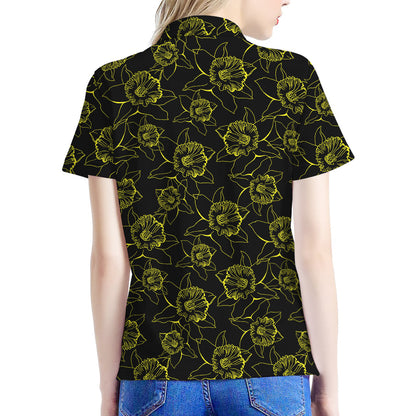 Black And Yellow Daffodil Pattern Print Women's Polo Shirt